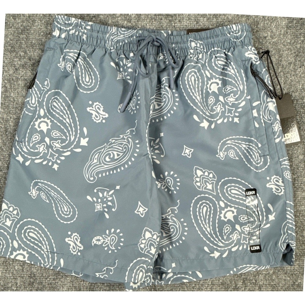 LCKR Mens Small Blue White Paisley Zip Pockets Athletic Gym Shorts NWT